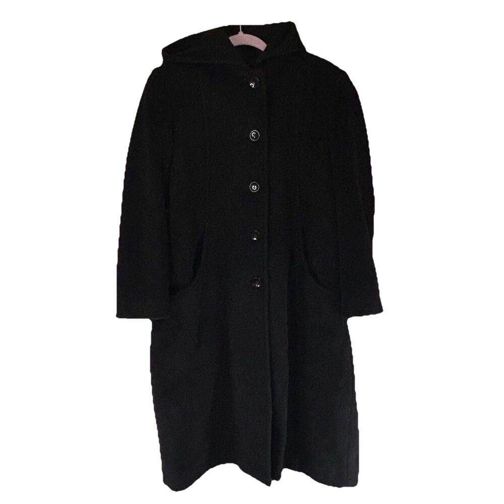 Liz Claiborne Vintage Long Black Wool Cashmere Coat Jacket Size 14 Petite Hooded